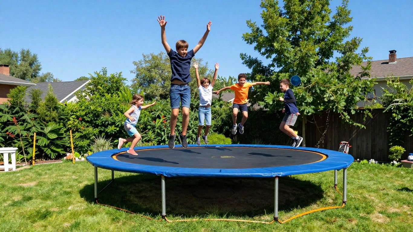 Children jumping high on a large backyard trampoline.
