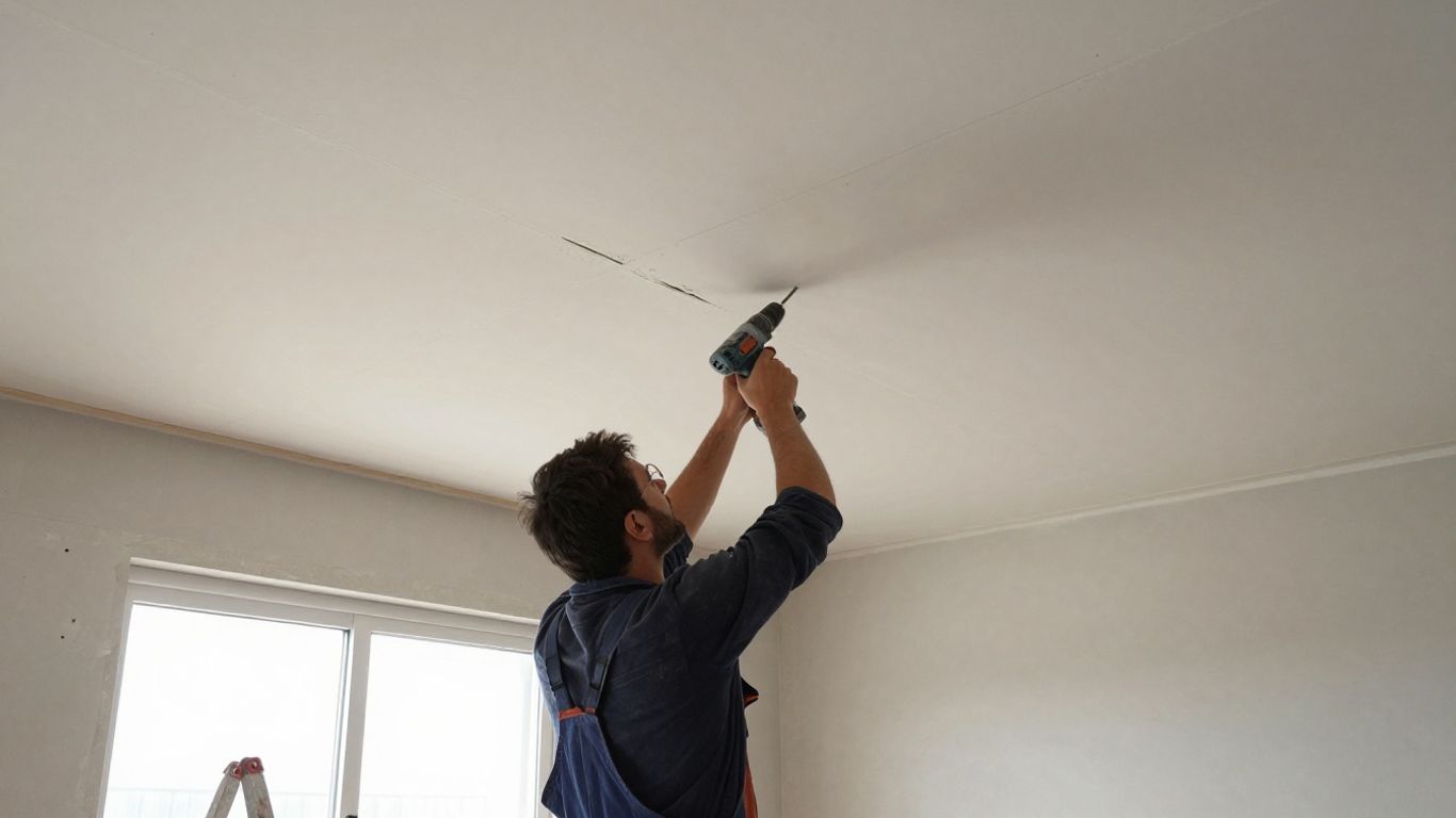Worker struggling with uneven ceiling panel installation.