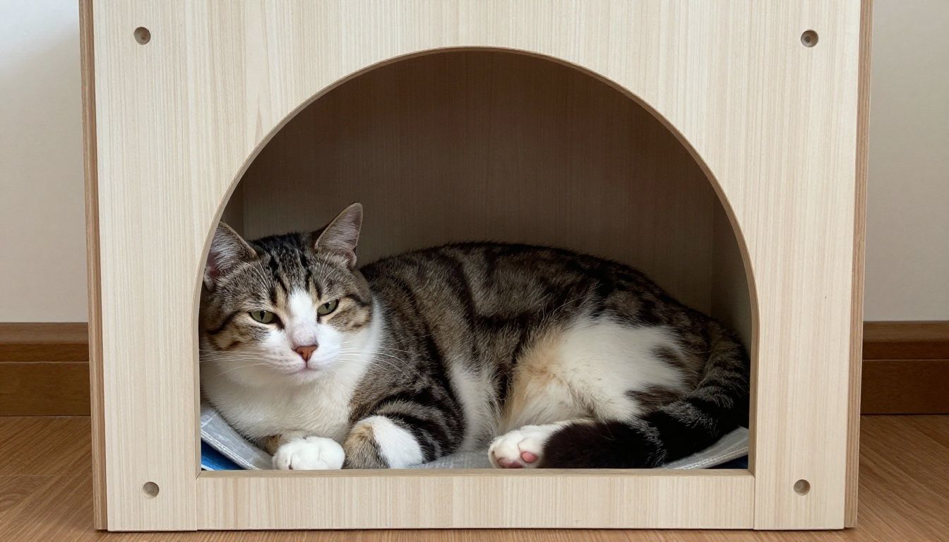 A cat relaxing comfortably in a quiet, dedicated hiding space, showing signs of becoming accustomed to the home