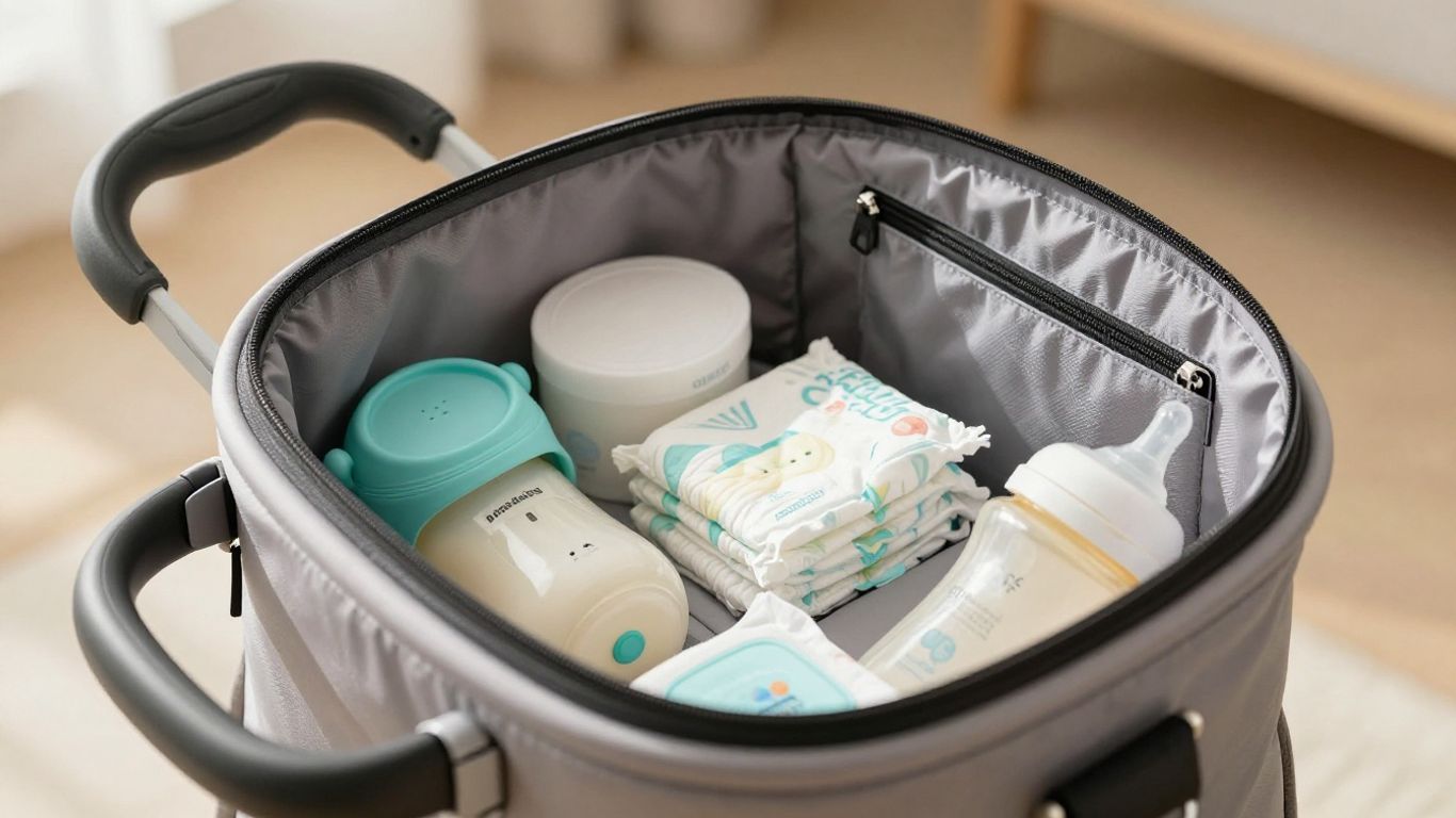 Open bassinet diaper bag with baby essentials inside.