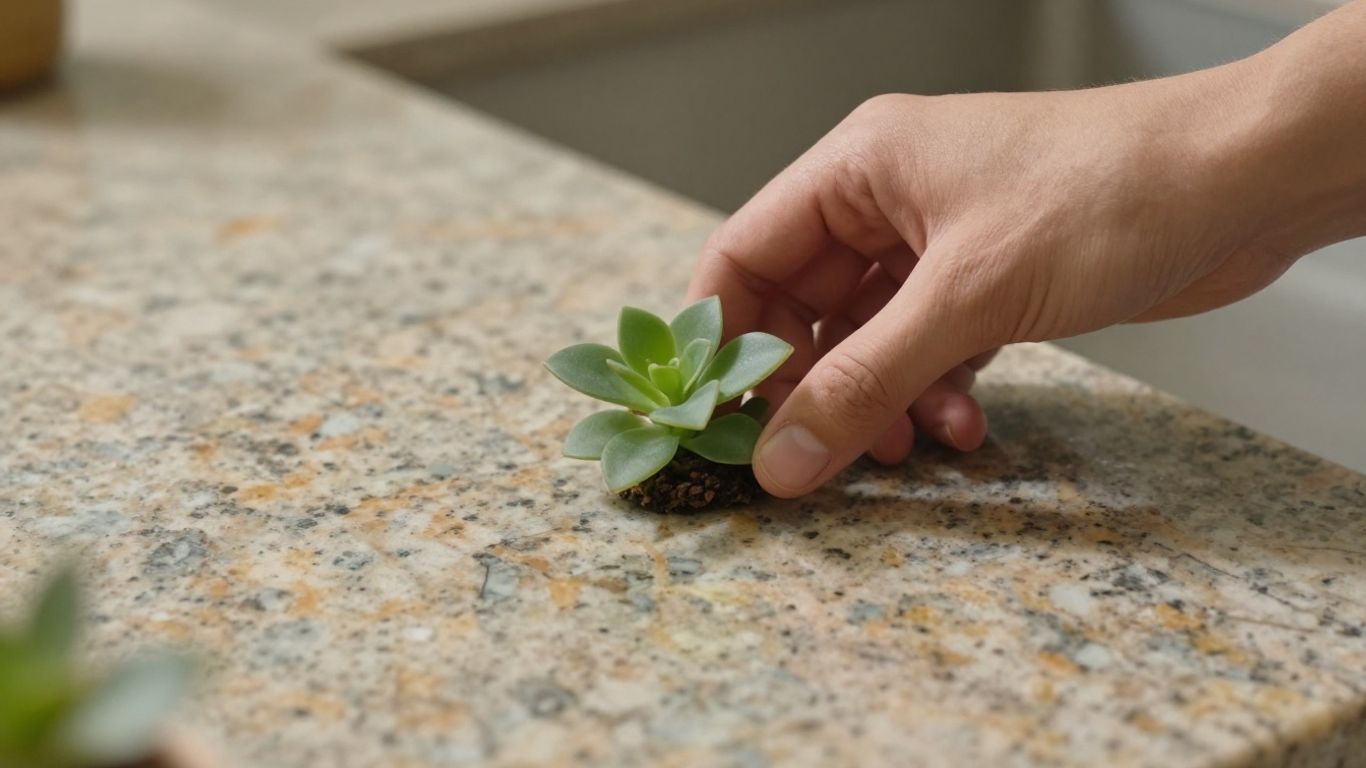 Granite countertop with a small plant