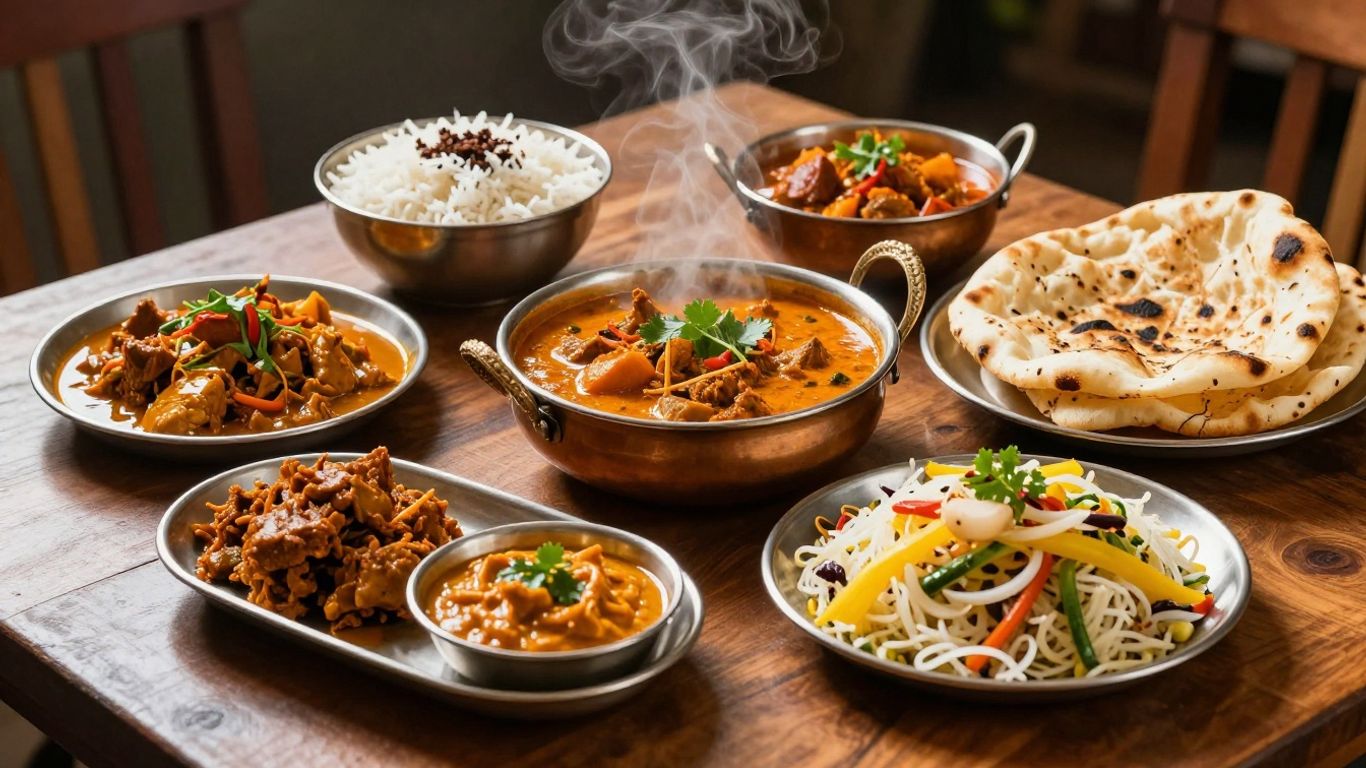 Authentic Indian food spread with curries and naan.
