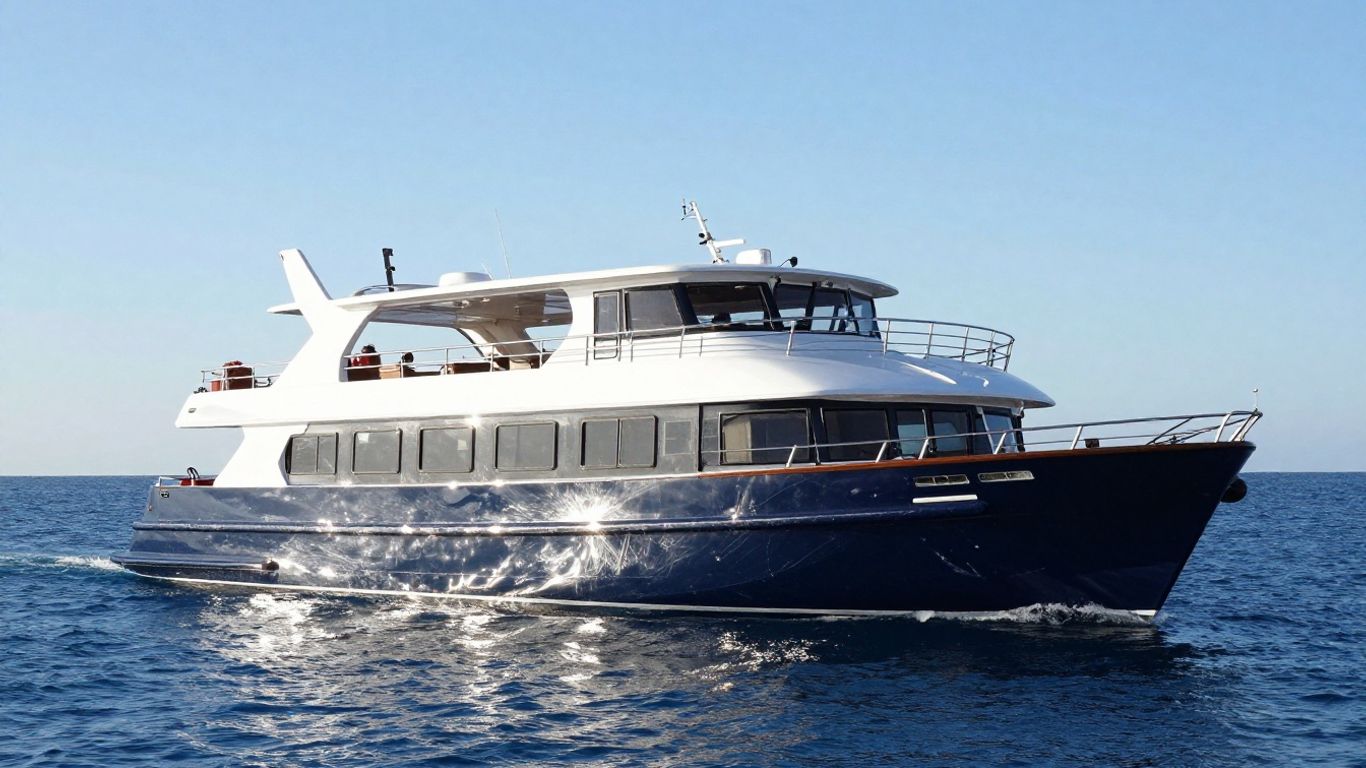 Large passenger boat sailing on blue water.