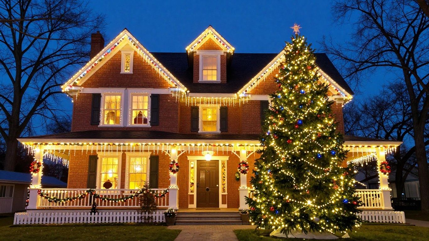 Belleville house adorned with festive Christmas lights.