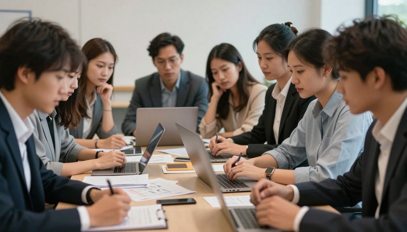 Diverse group of driven professionals adapting their daily plans on a busy, changing schedule while staying focused and calm