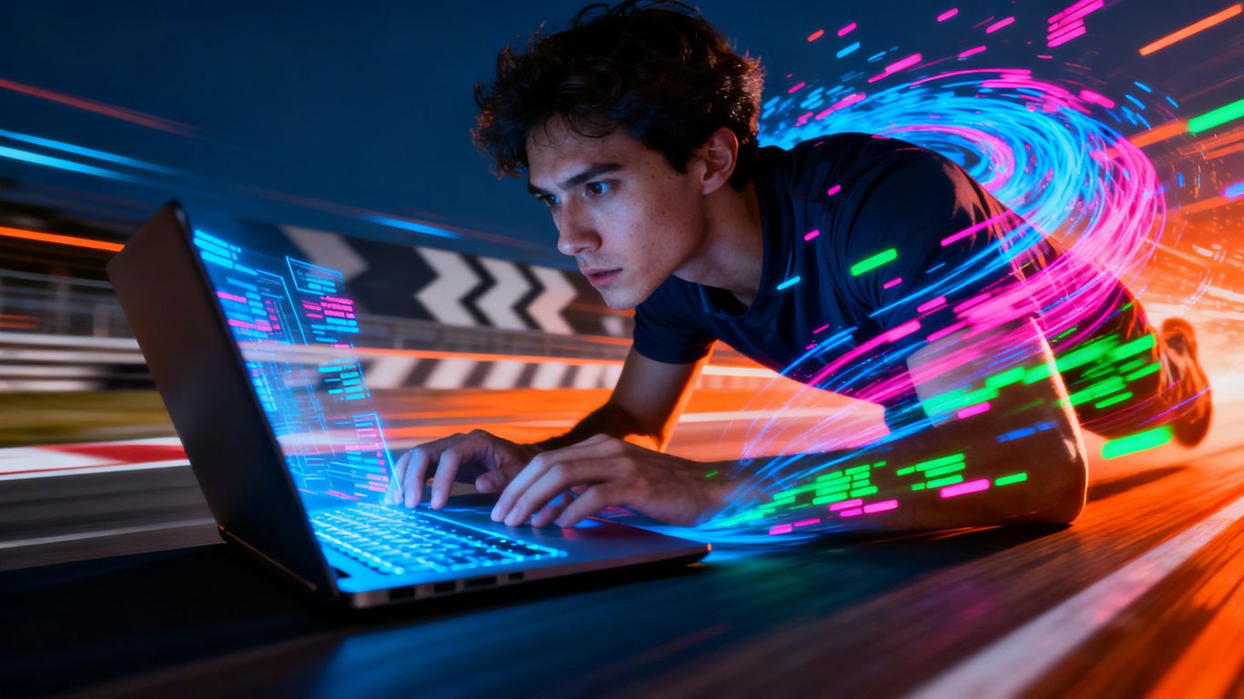 Person focused on laptop, outranking competitors visually.