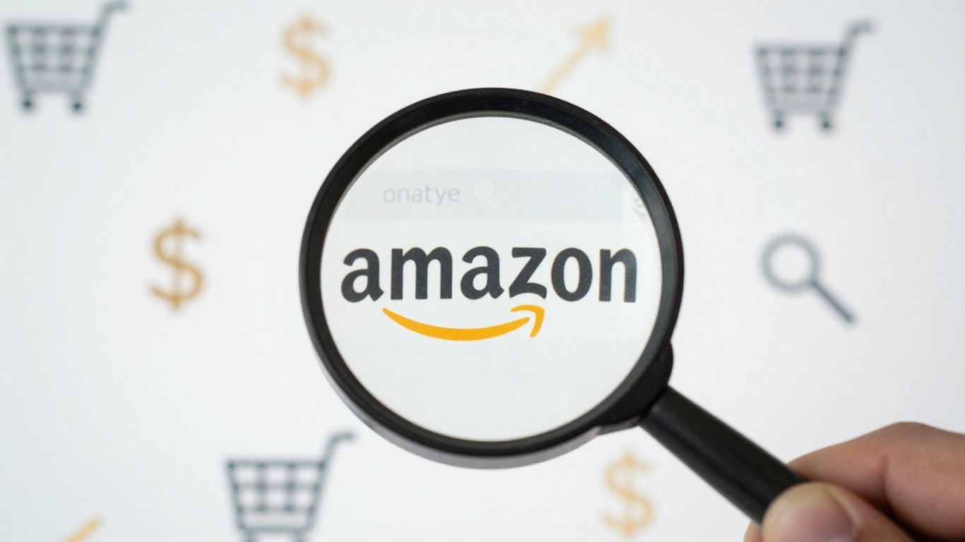Magnifying glass over Amazon product listings.