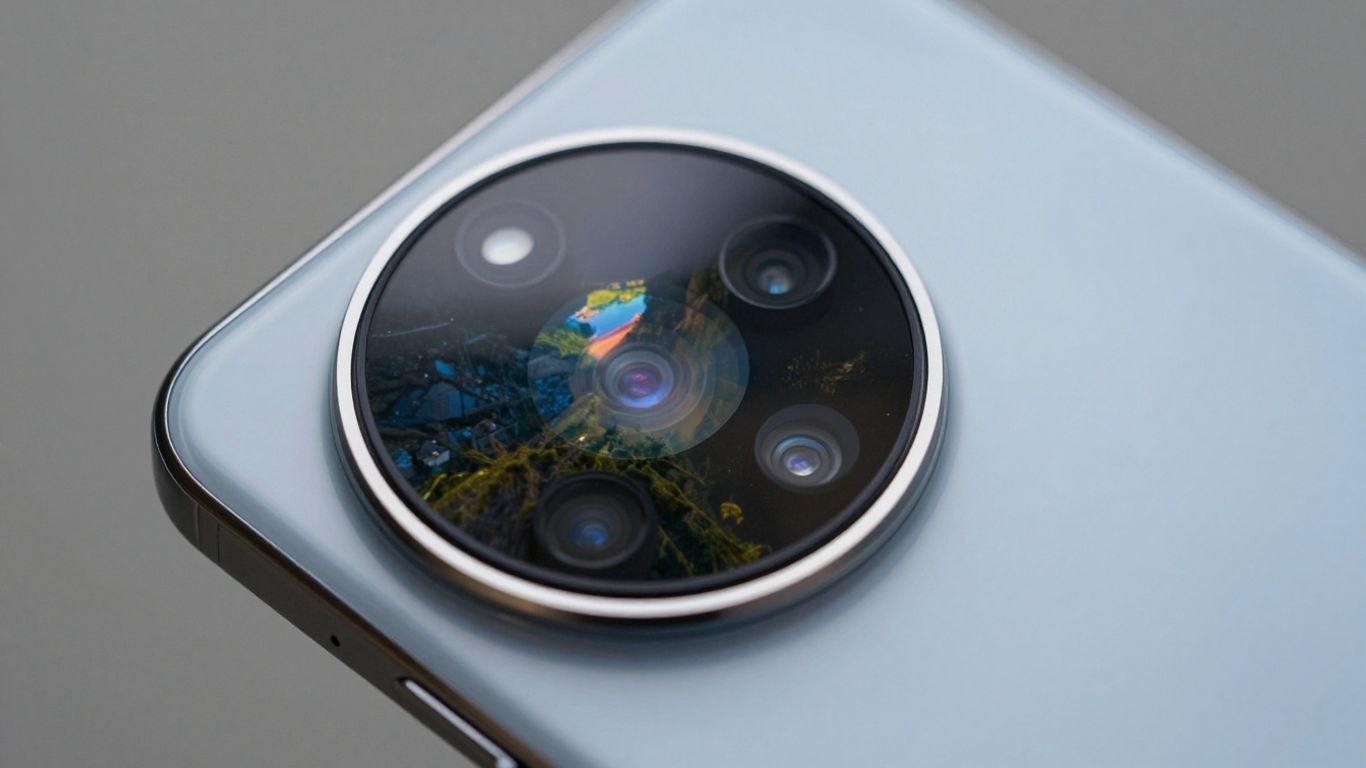 Celular moderno com lente de câmera refletindo paisagem vibrante.