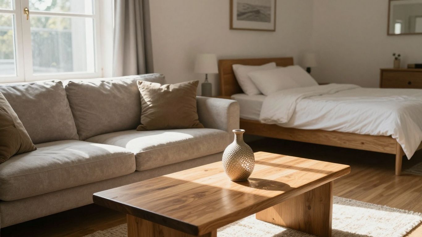 Airbnb living room with sofa, armchair, and bed.
