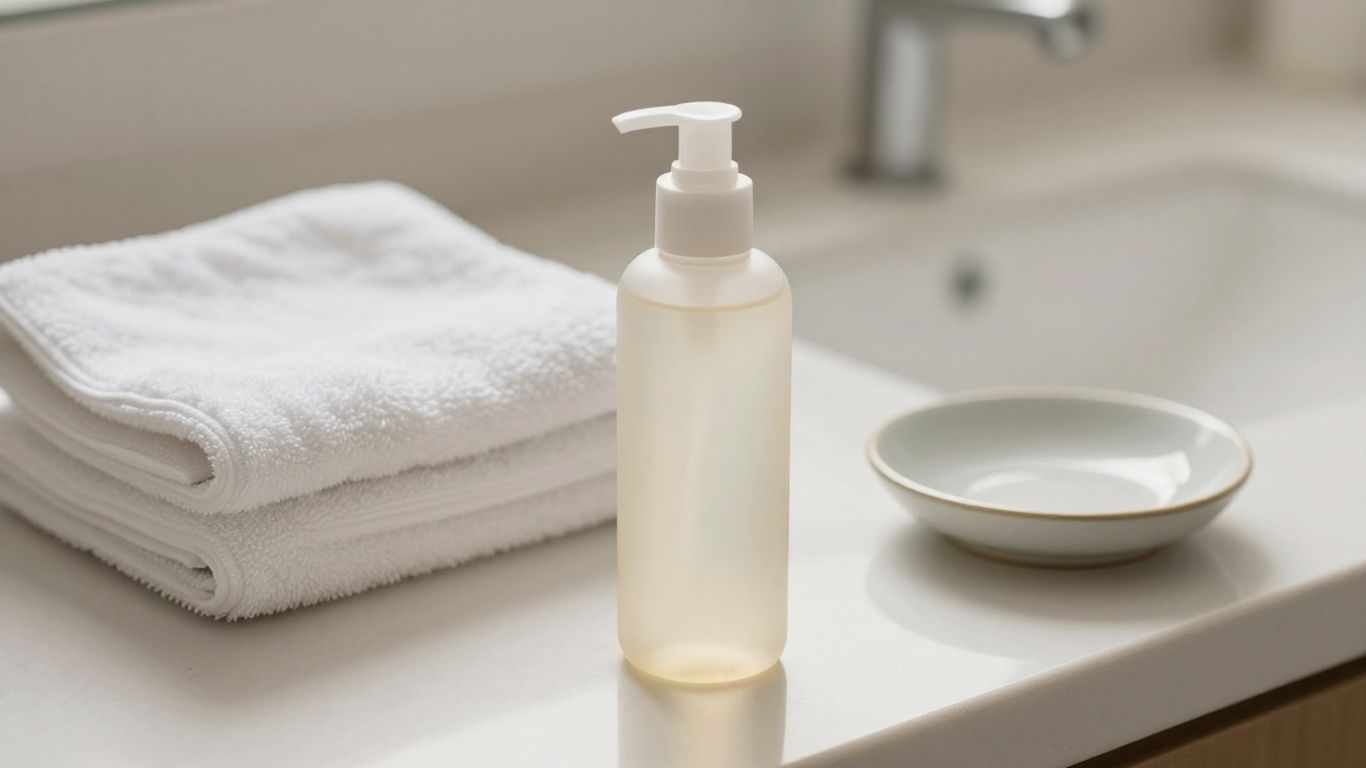 A glass bottle of lubricant beside soft towels