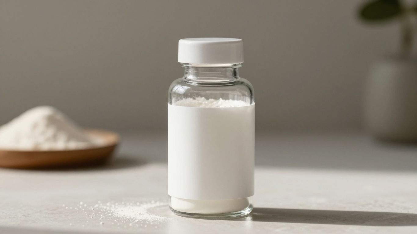 Collagen supplement bottle with white powder