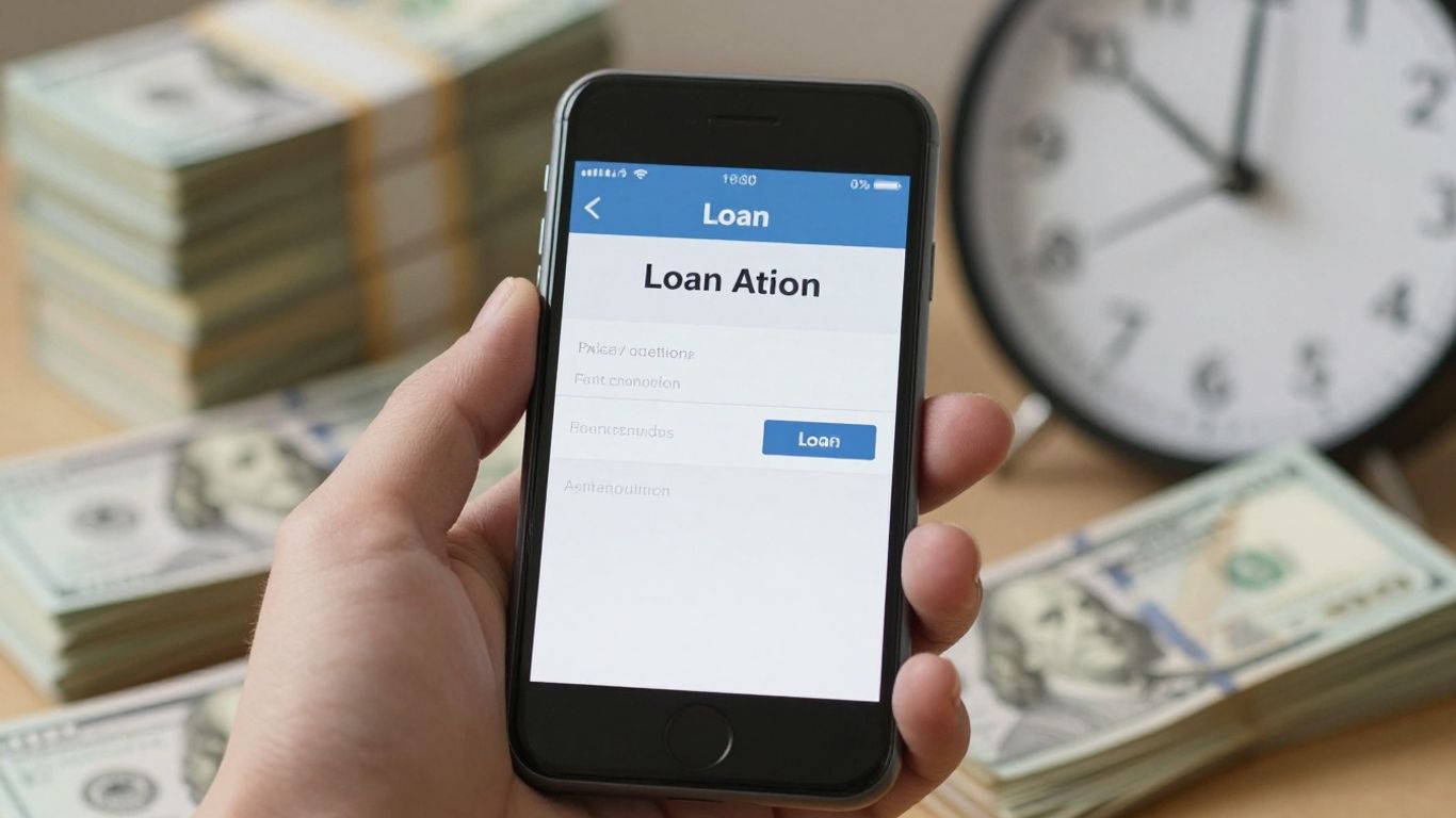 Hand holding phone with loan application, cash, and clock.