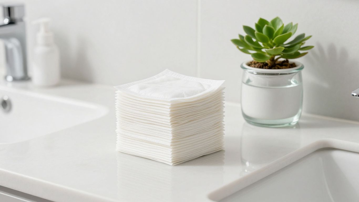 Eco-friendly reusable cosmetic pads on a bathroom counter.