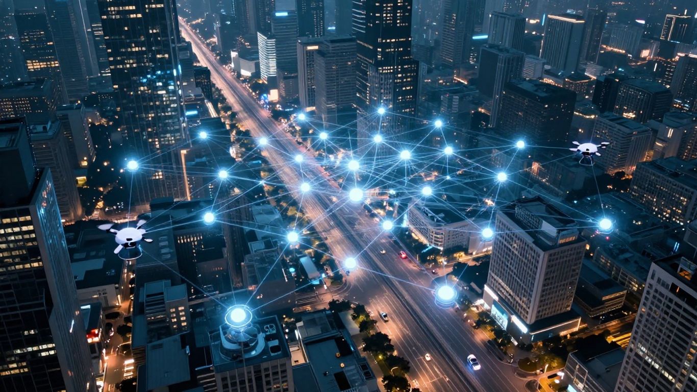 Decentralized physical infrastructure network connecting a futuristic city.