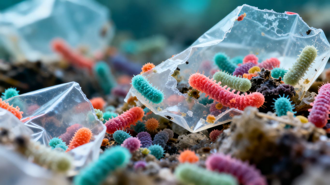 Bacteria consuming plastic fragments, close-up photographic view.