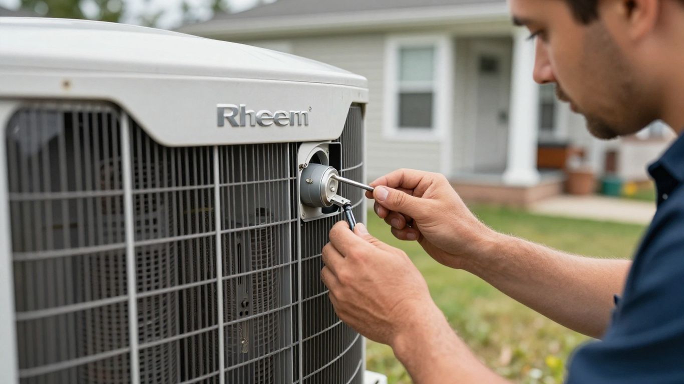 Rheem AC unit repair by a technician in Warren, MI.