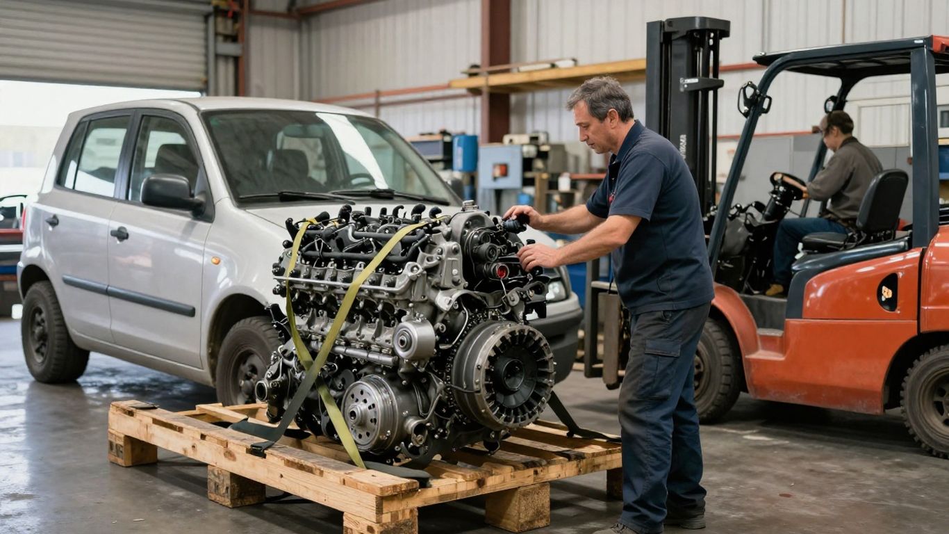 Palletized replacement engine arriving at repair shop