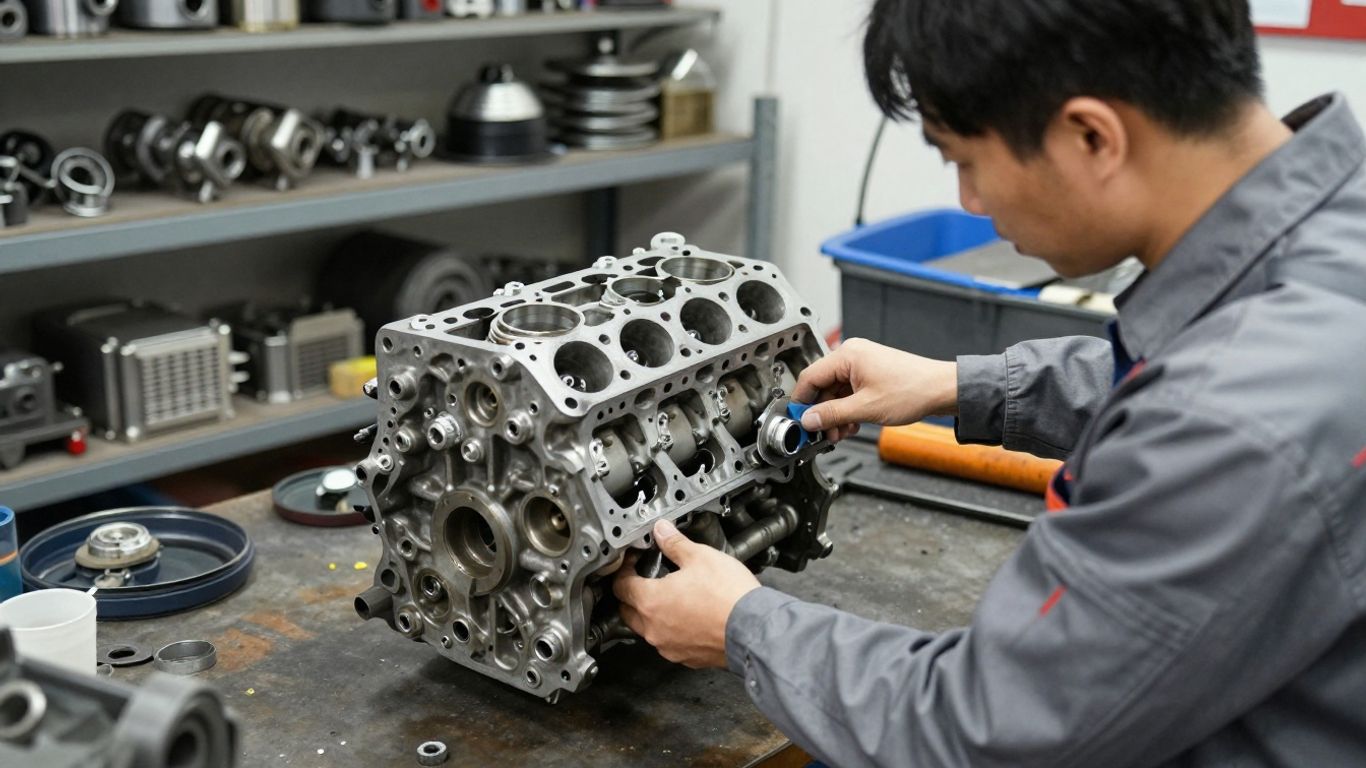 Auto technician examining a salvaged engine component