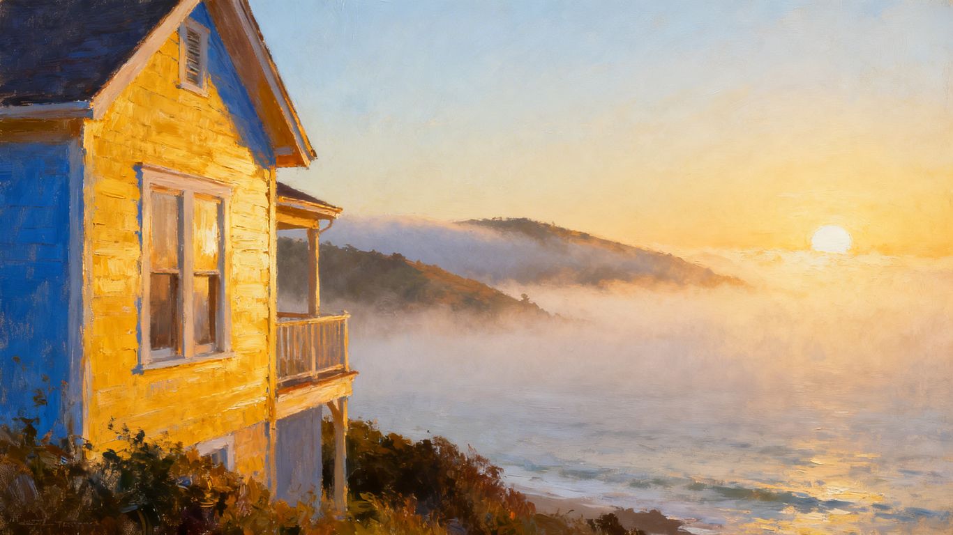 House exterior painting with marine layer in background.
