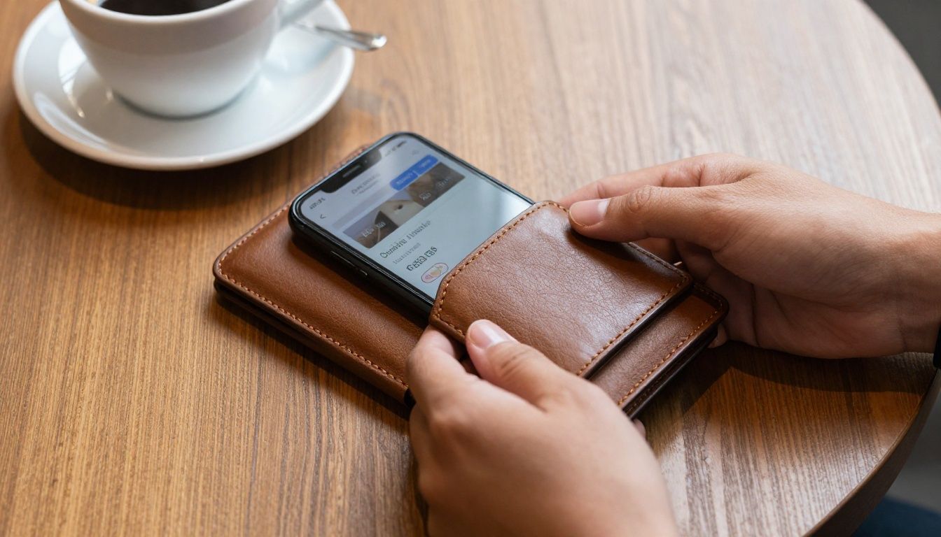 Someone paying for coffee at a Melbourne cafe using their phone, which is in a sleek leather wallet case.