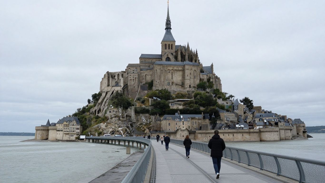 Visitors approaching Mont Saint-Michel by bridge