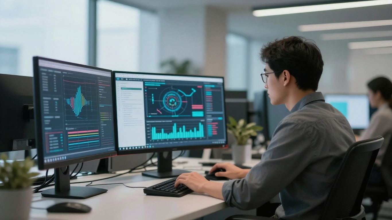 Modern office with screens showing data, symbolizing CRM.