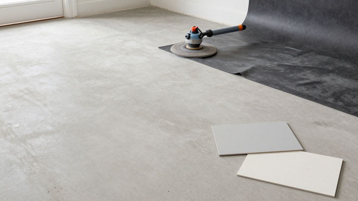 Polished concrete floor sample beside renovation tools