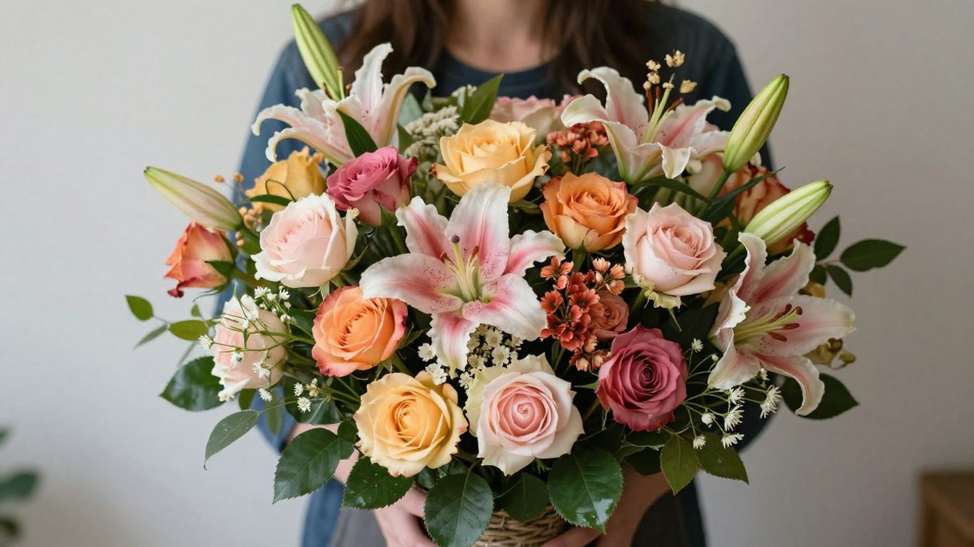 Stunning floral bouquet with vibrant roses and lilies.
