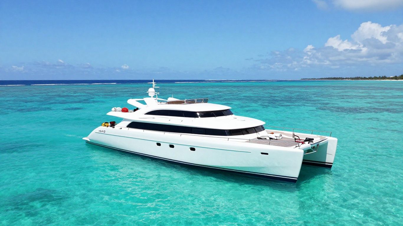 Luxury catamaran anchored in crystal clear tropical turquoise water