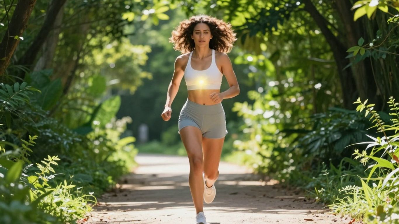 Woman running on a path, glowing with energy.