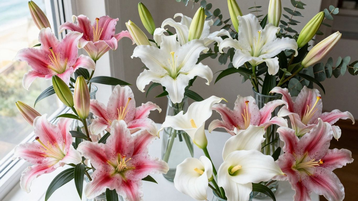 Colourful lily varieties in a florist studio