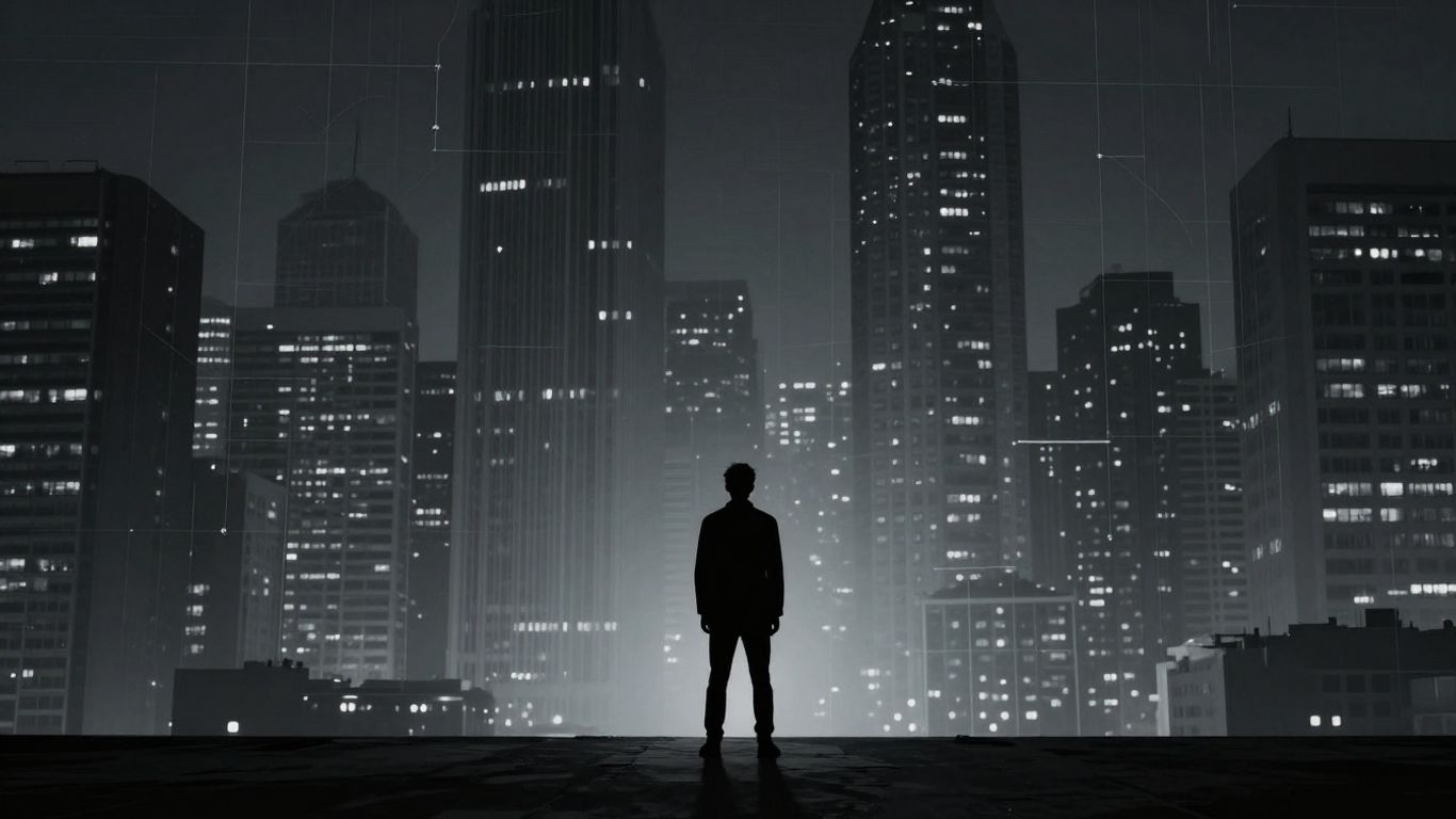 Person in front of city with digital overlays.