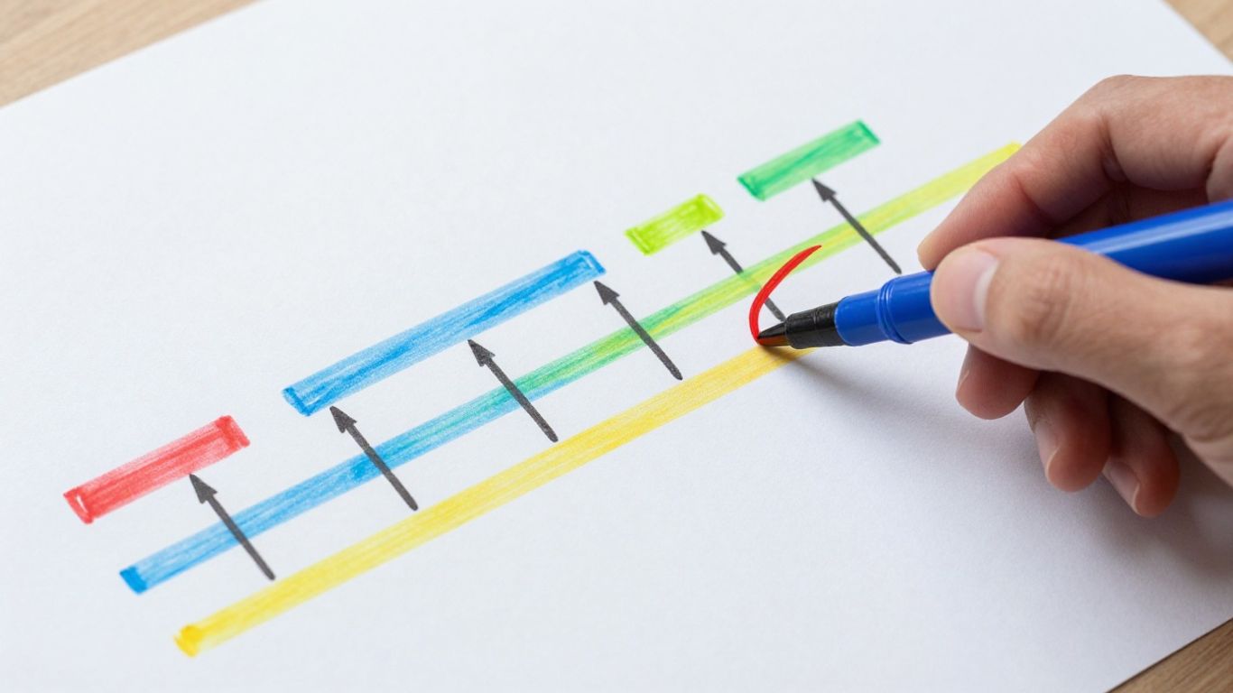 Project timeline ideas. Dynamic project timeline with colorful markers and abstract shapes.