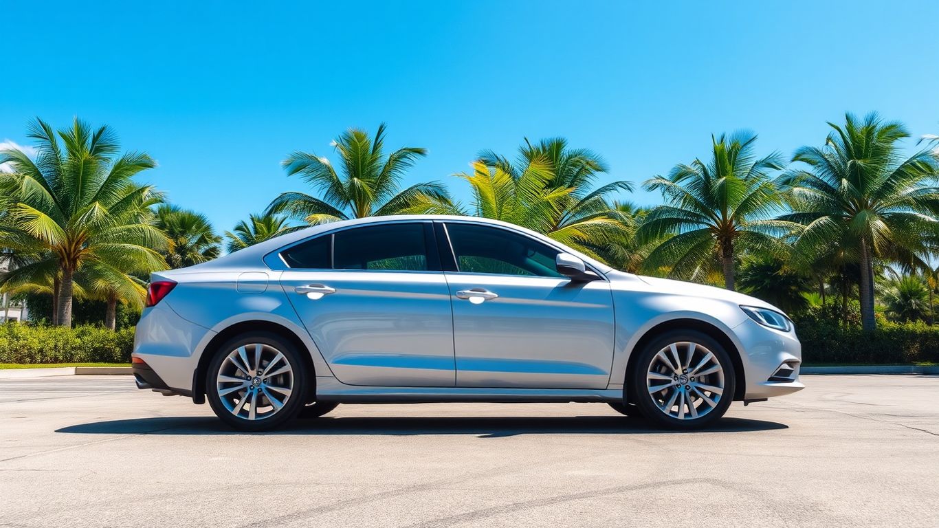 A clean rental car parked near tropical palms