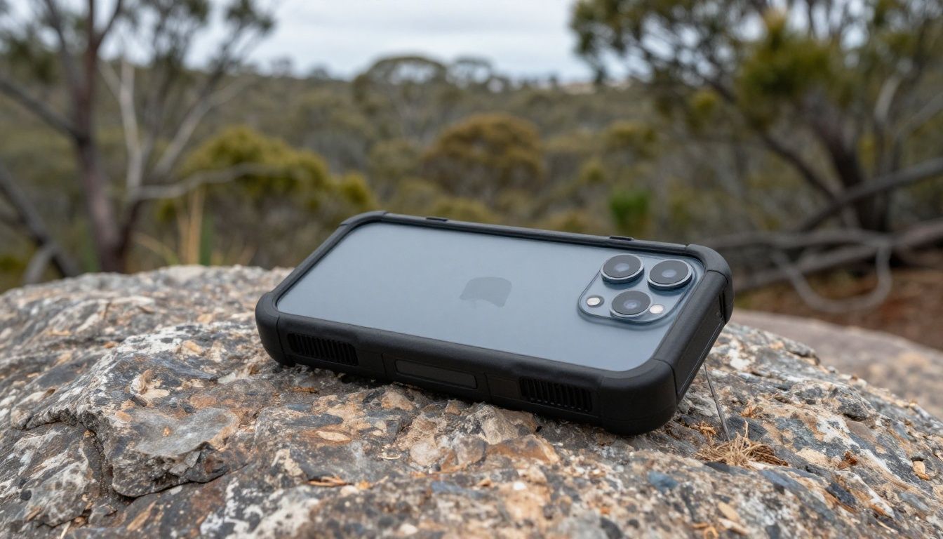 An iPhone 16e in a rugged case resting safely on a rock next to a hiking trail, with Australian bushland in the background.
