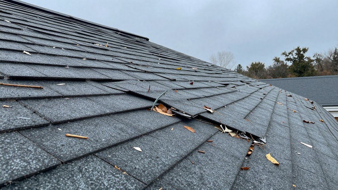 Damaged roof with missing shingles and debris after a storm.