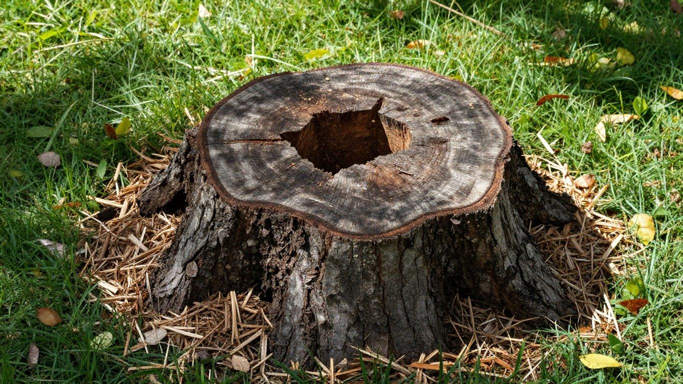 Ground tree stump in a sunny backyard with wood chips.