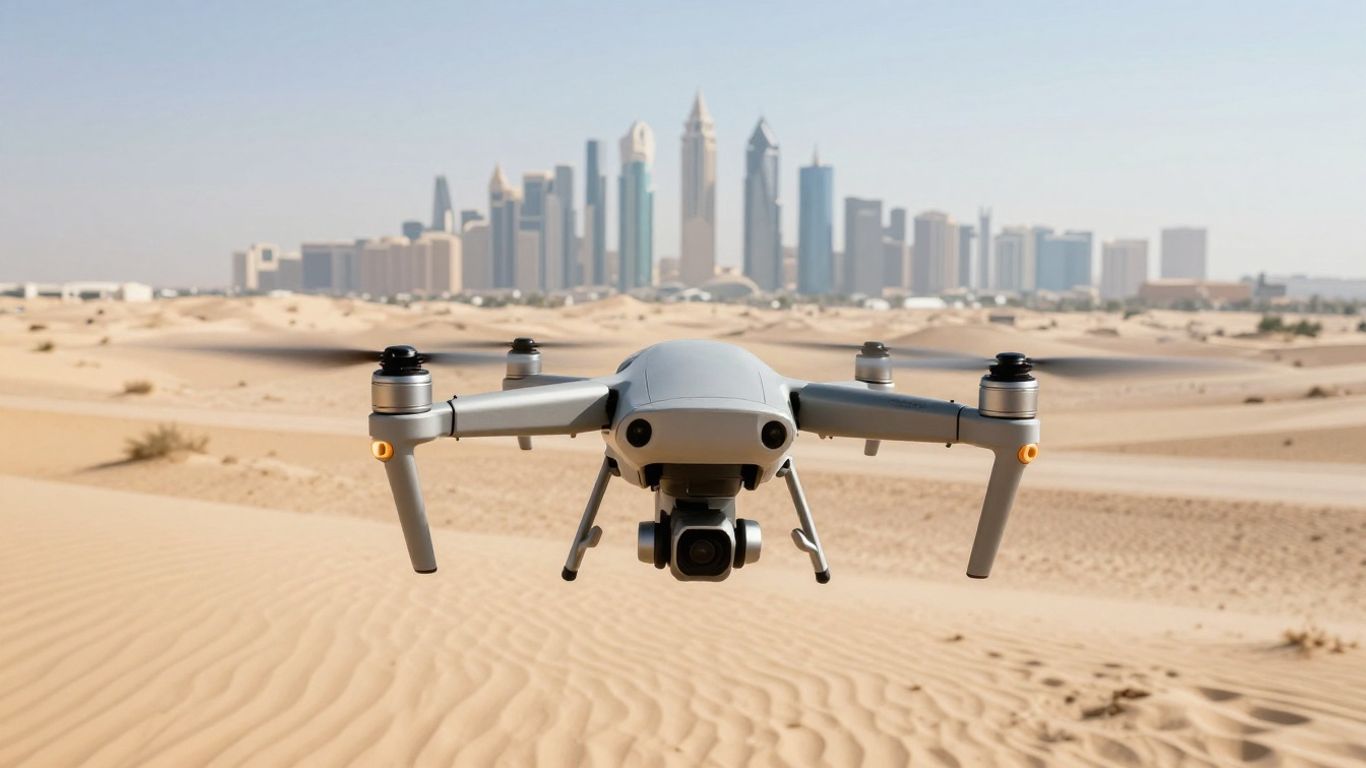 Drone flying over desert and city skyline.