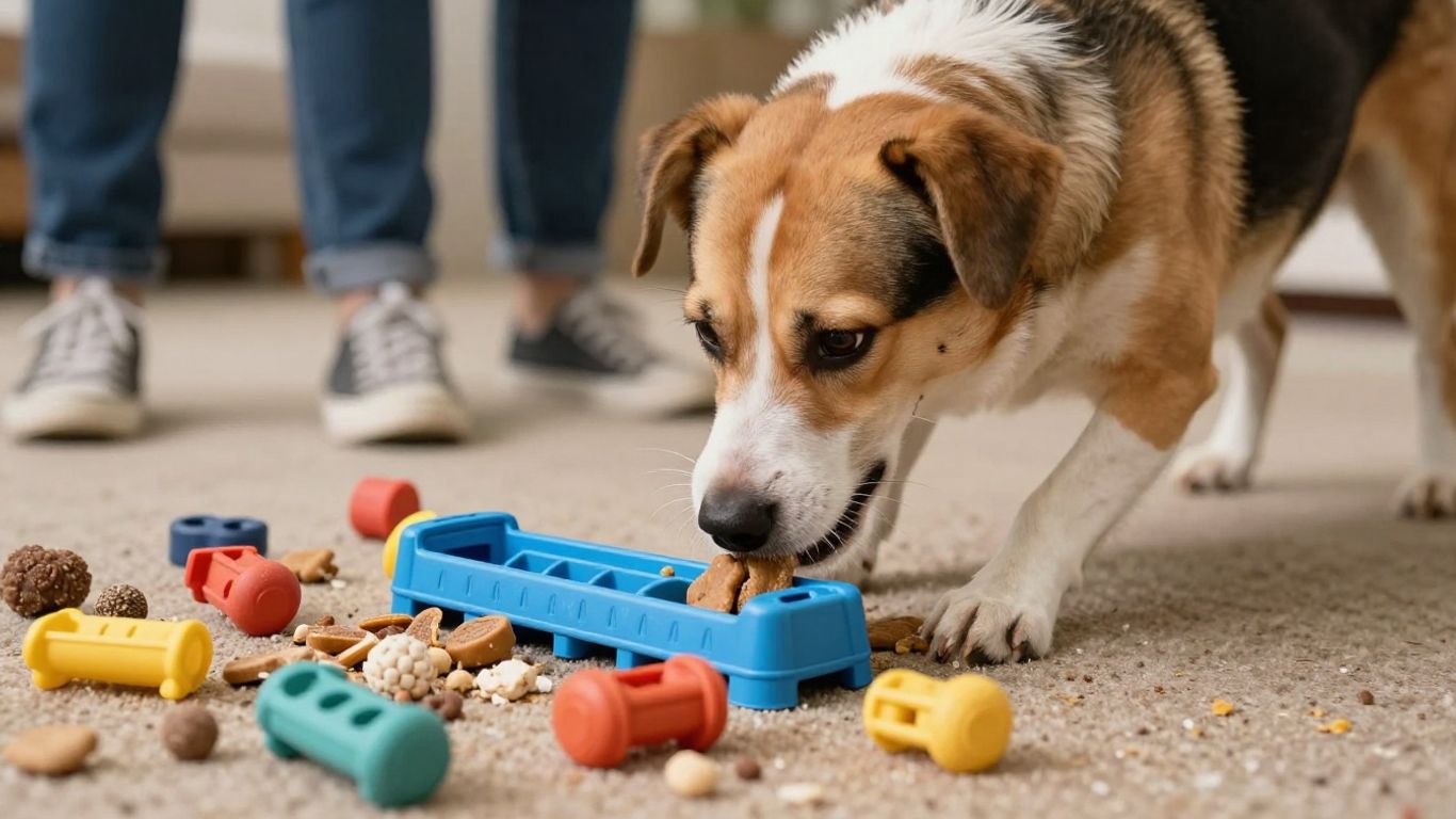 Hund sucht Futter in einem Intelligenzspielzeug
