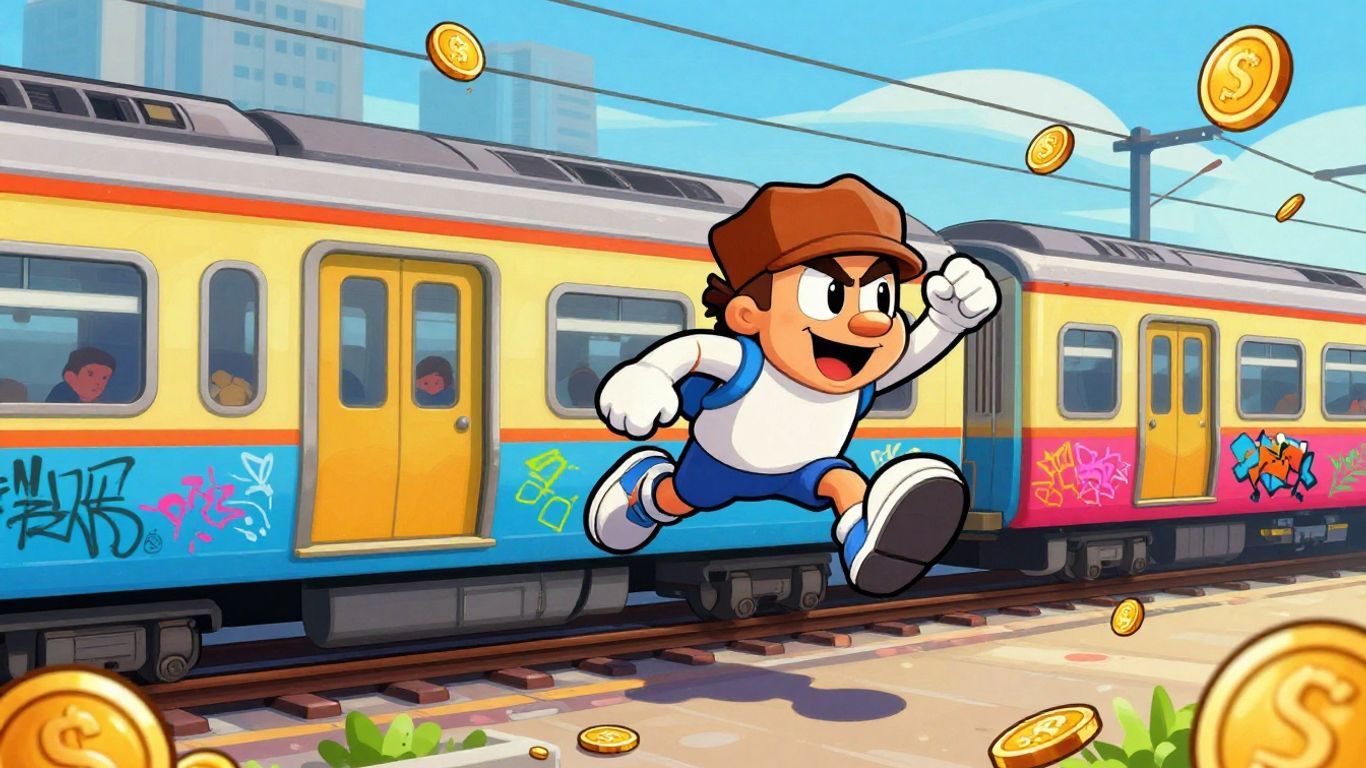 Subway Surfers character jumping over a train.