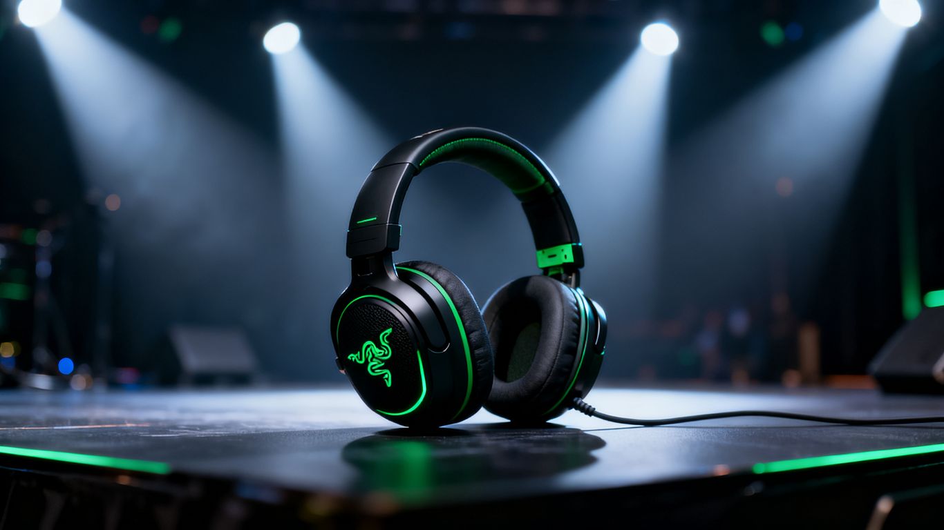 Razer headset on a dimly lit stage.