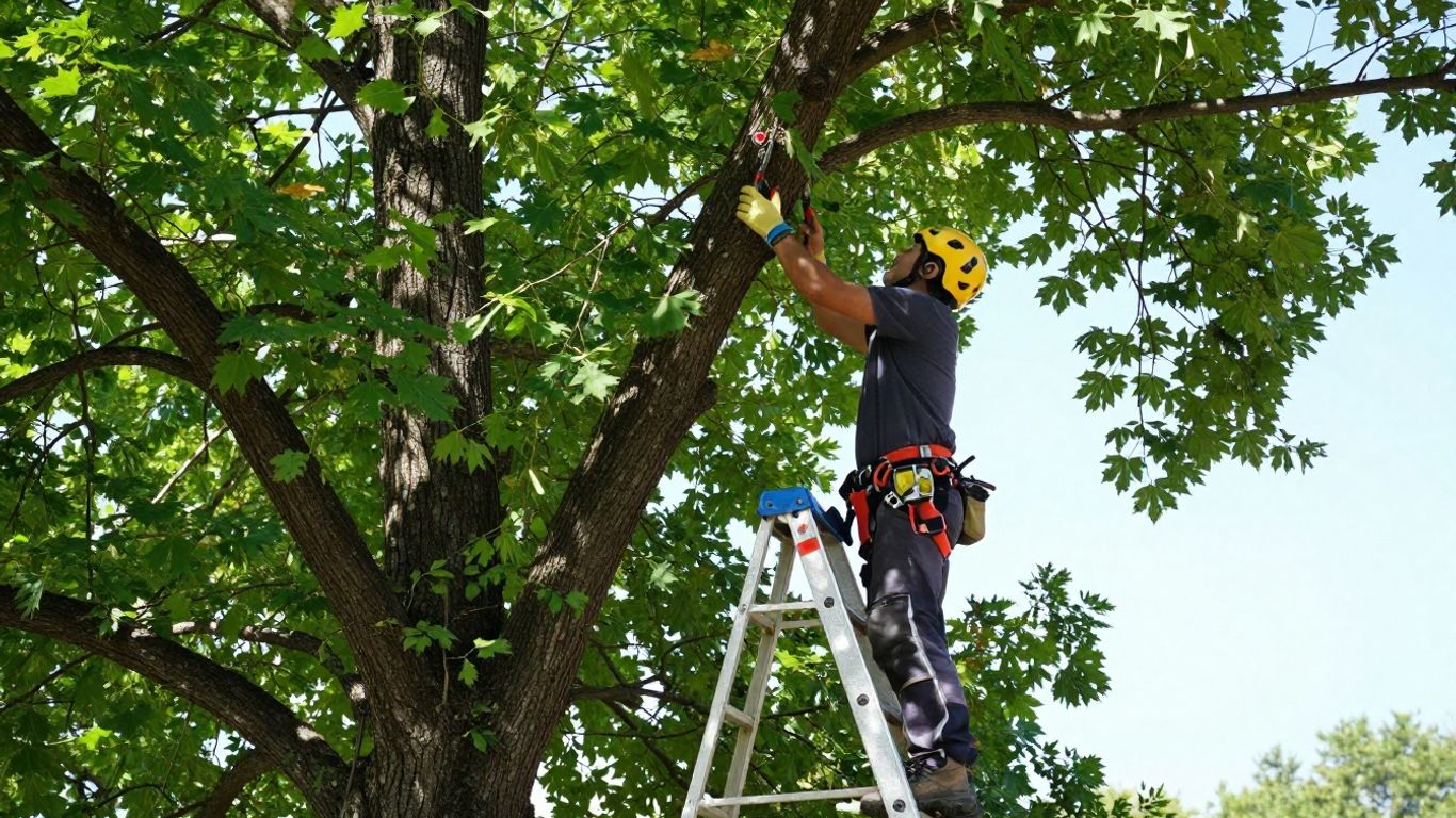 Arborist inspecting a large tree with pruning tools.