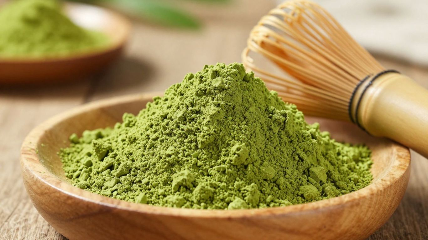Vibrant matcha powder in a wooden bowl with a bamboo whisk.