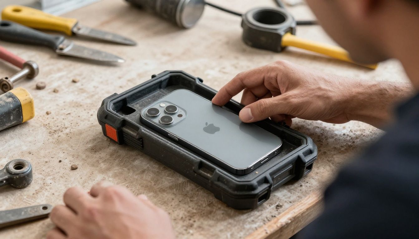 A tradie on a construction site in Melbourne places their iPhone 15 Pro in a heavy-duty case on a dusty workbench next to their tools.