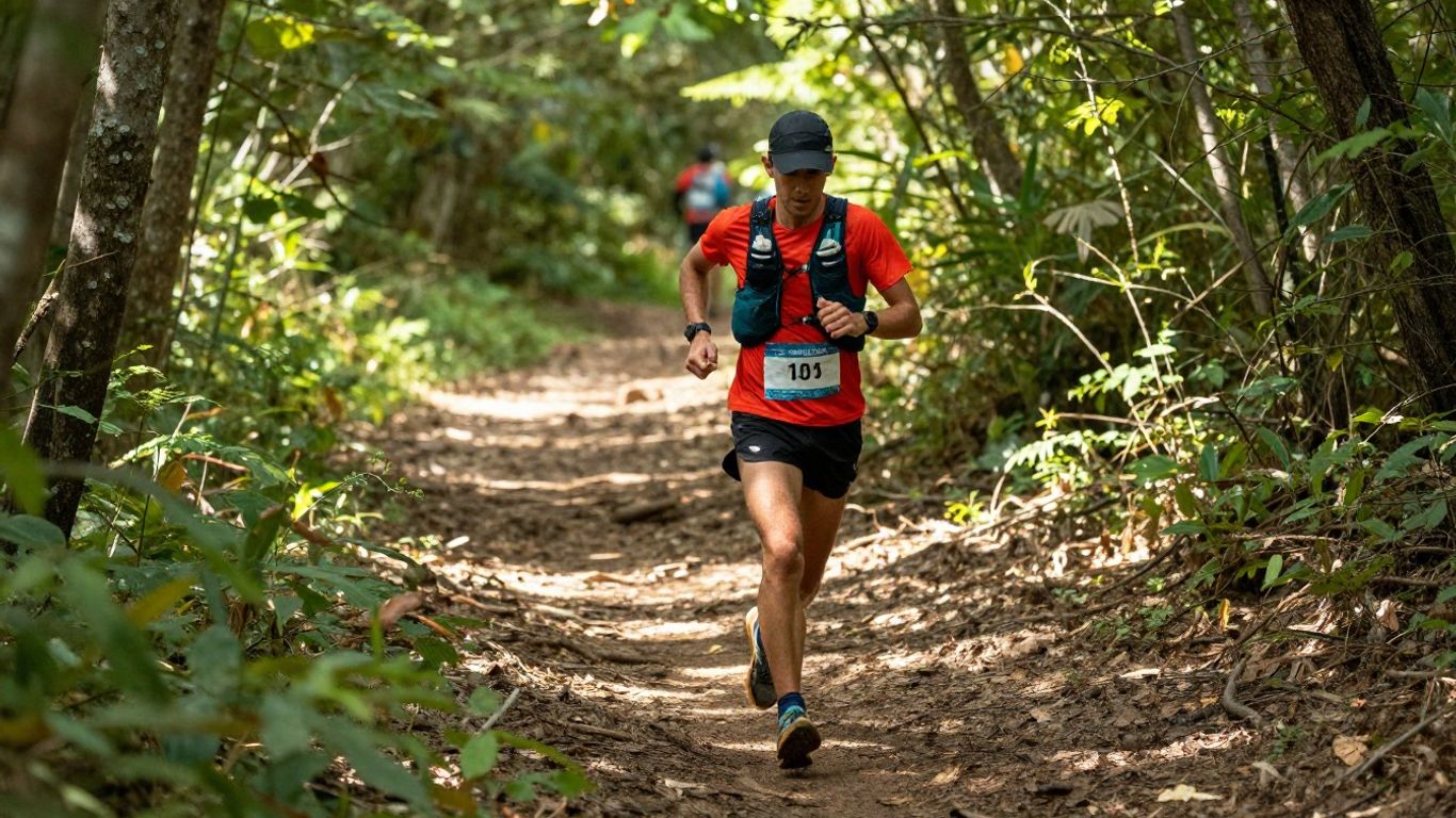Runner on a long, dusty trail during an ultra marathon.