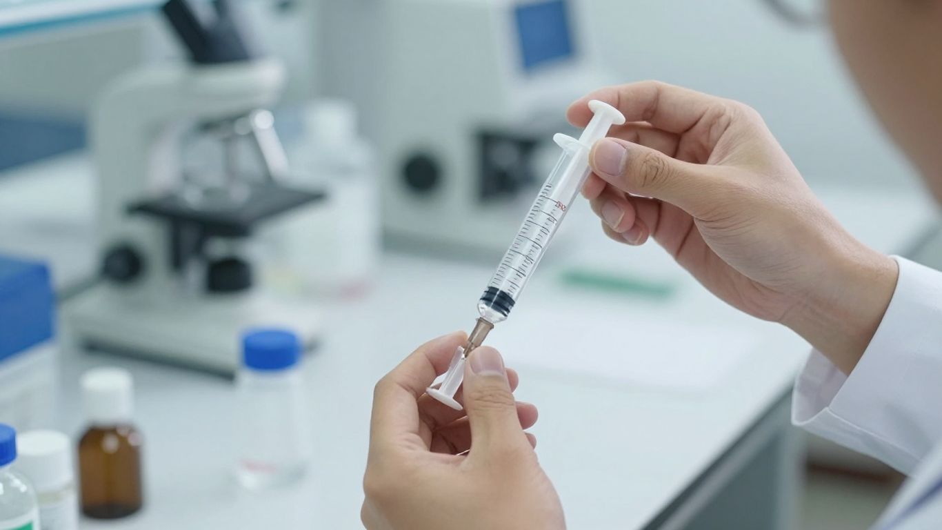 Syringe with liquid, laboratory background, dosage preparation.