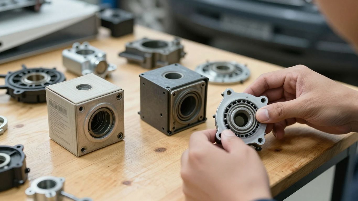 Mechanic comparing car parts on workshop bench