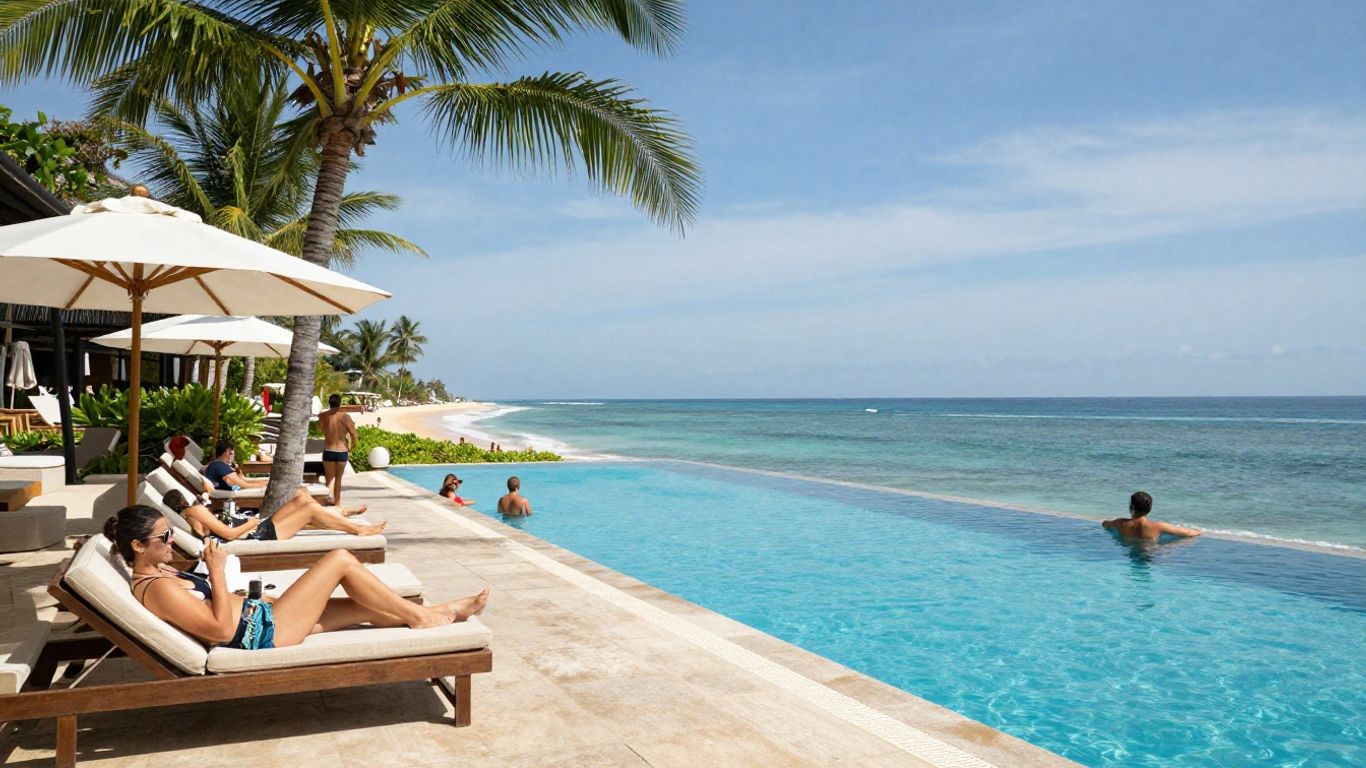 Seminyak beach club with infinity pool and ocean view.