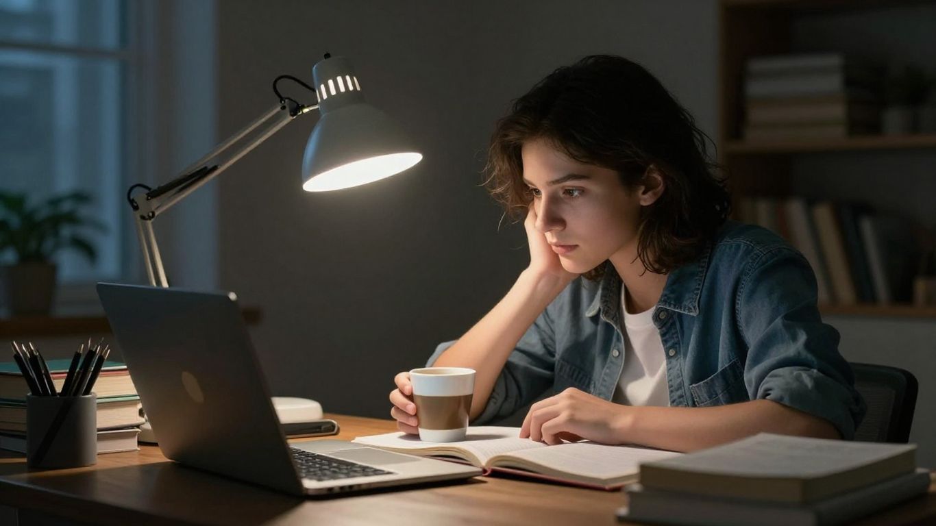 Student studying late at night with books and laptop.