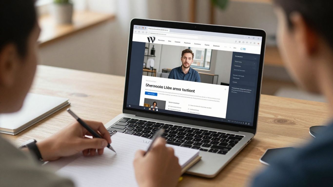 Learner following a WordPress video while editing a practice website